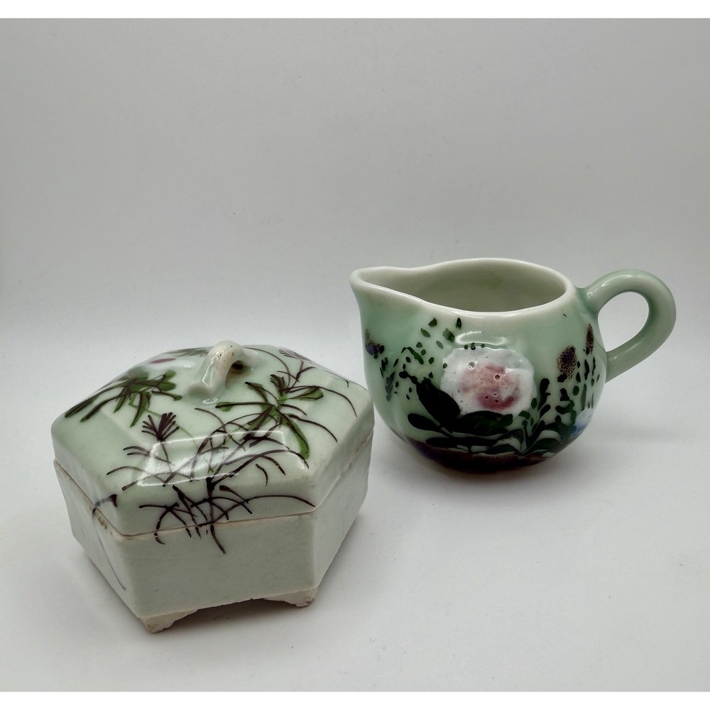 Vintage Porcelain Celadon Handpainted Raised Floral Creamer & Covered Sugar Dish